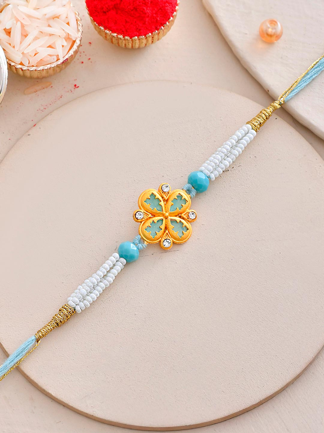 Green Beads And White Pearls Floral Motif Mens Rakhi For Brother