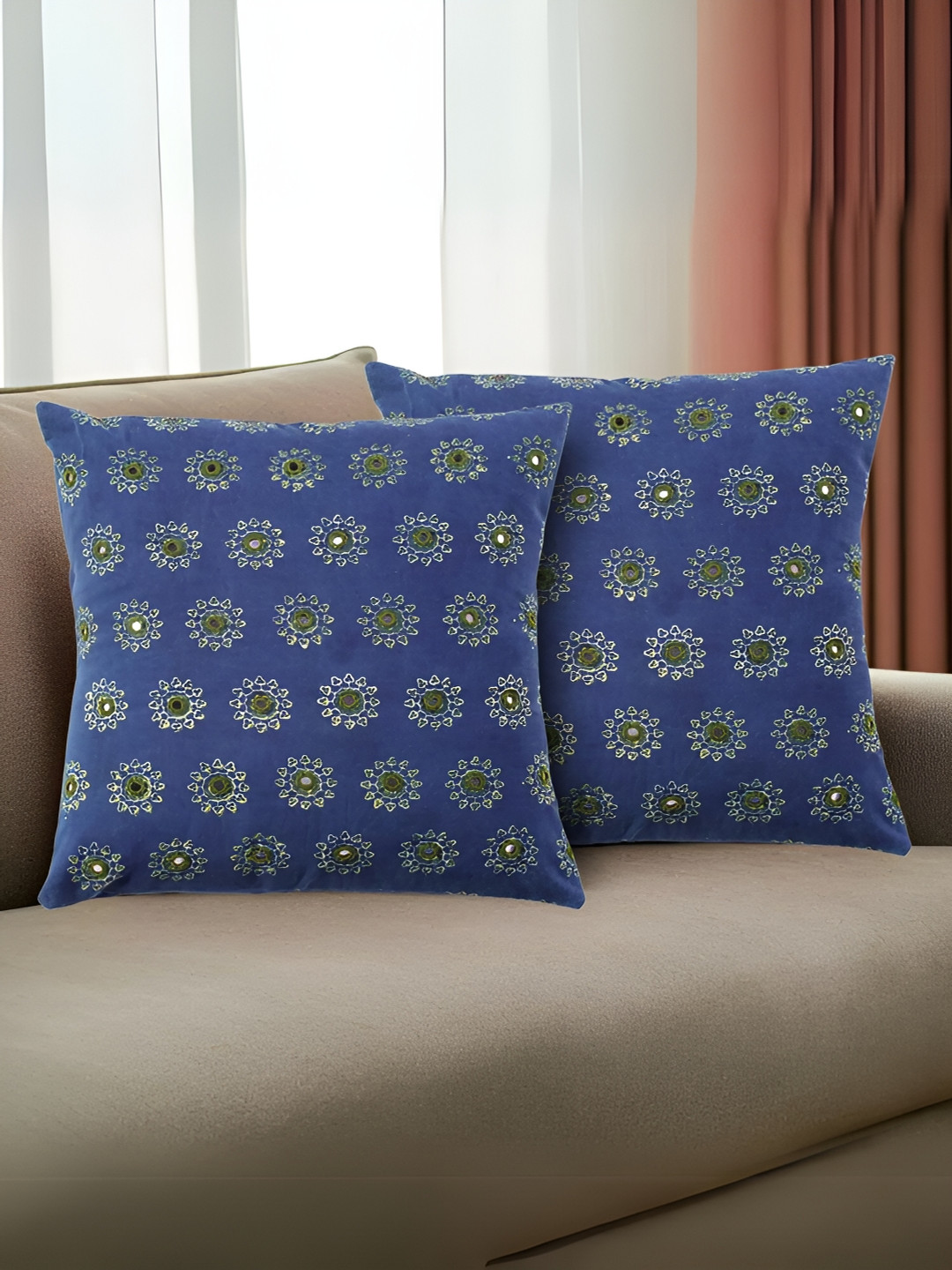 Peepul Tree Blue & Green 2 Pieces Floral Embroidered Cotton Square Cushion Covers