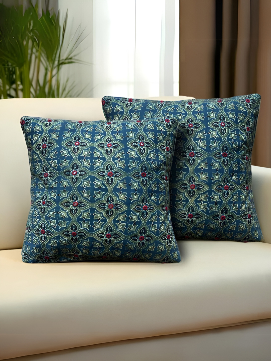 Peepul Tree Blue & Red 2 Pieces Ethnic Motifs Embroidered Cotton Square Cushion Covers