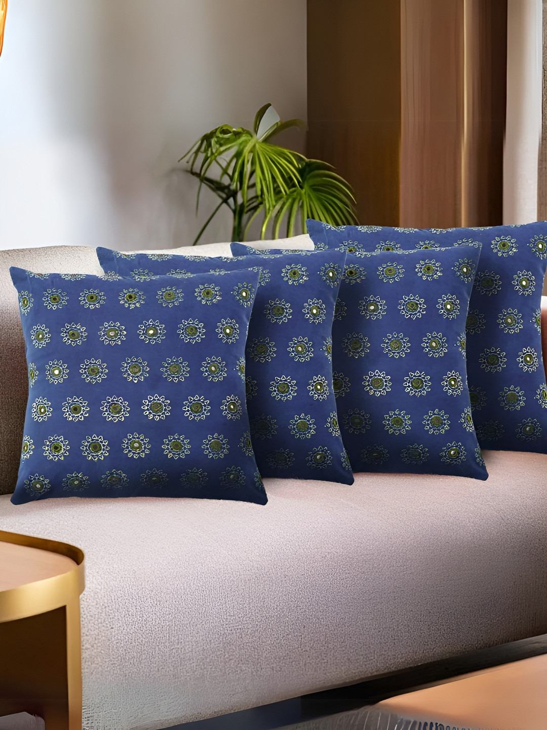 Peepul Tree Floral Cotton 4 Pcs Embellished Square Cushion Covers - 16 x 16 In