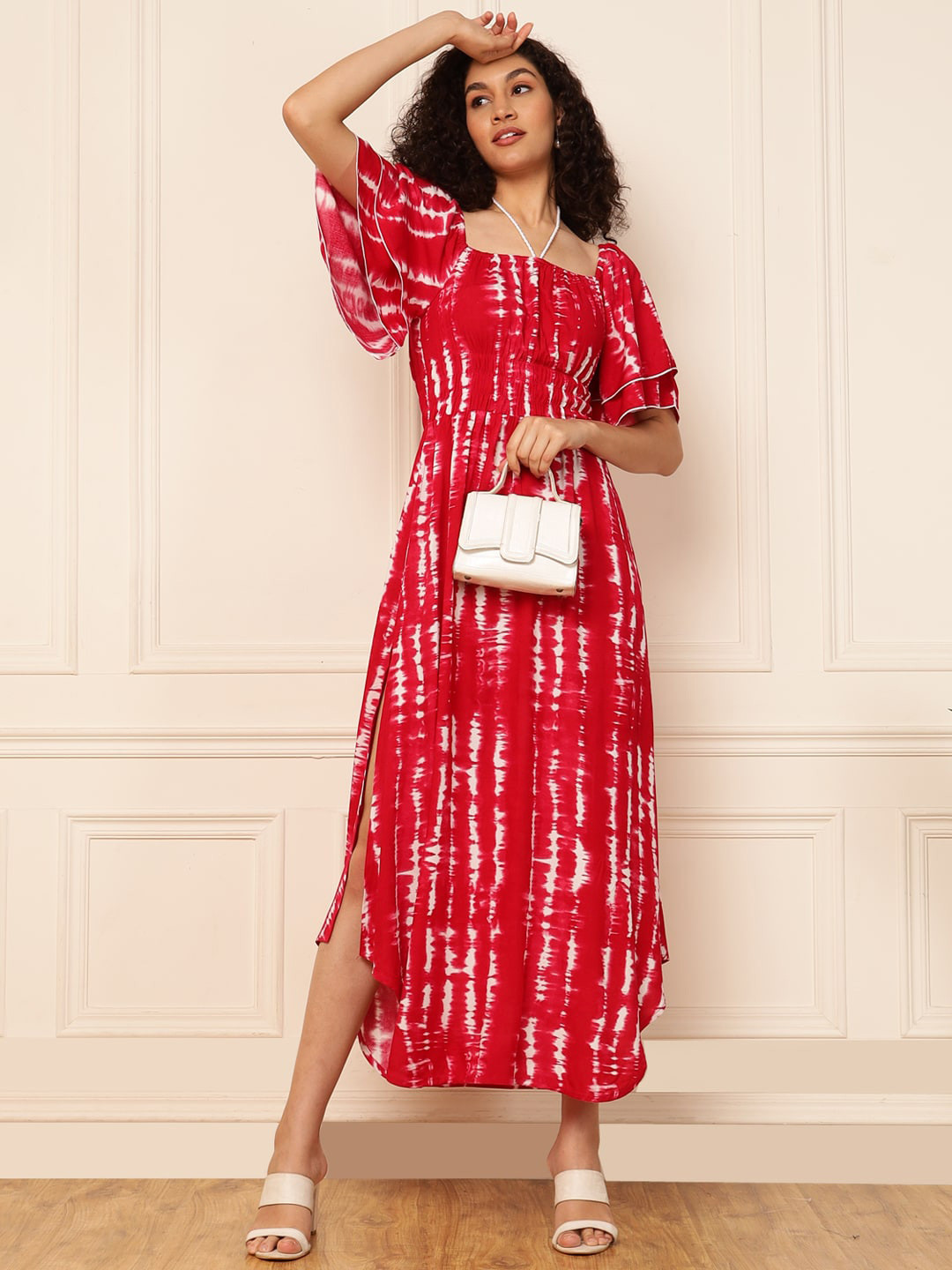 DEEBACO Tie and Dye Bell Sleeves A-Line Maxi Dress