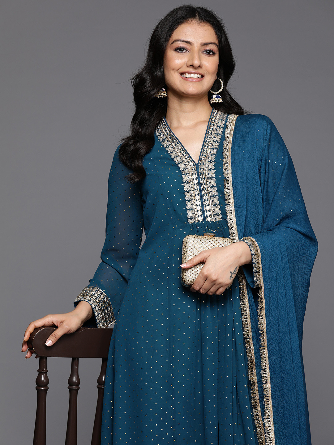 Varanga Embroidered Pleated Mirror Work Silk Georgette Anarkali Kurta Set