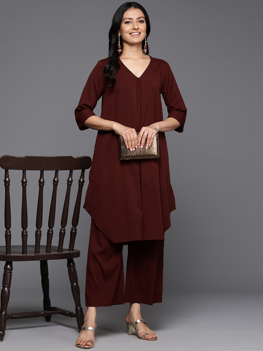 Varanga V neck Crinkled Tunic with Trouser Co-Ord set