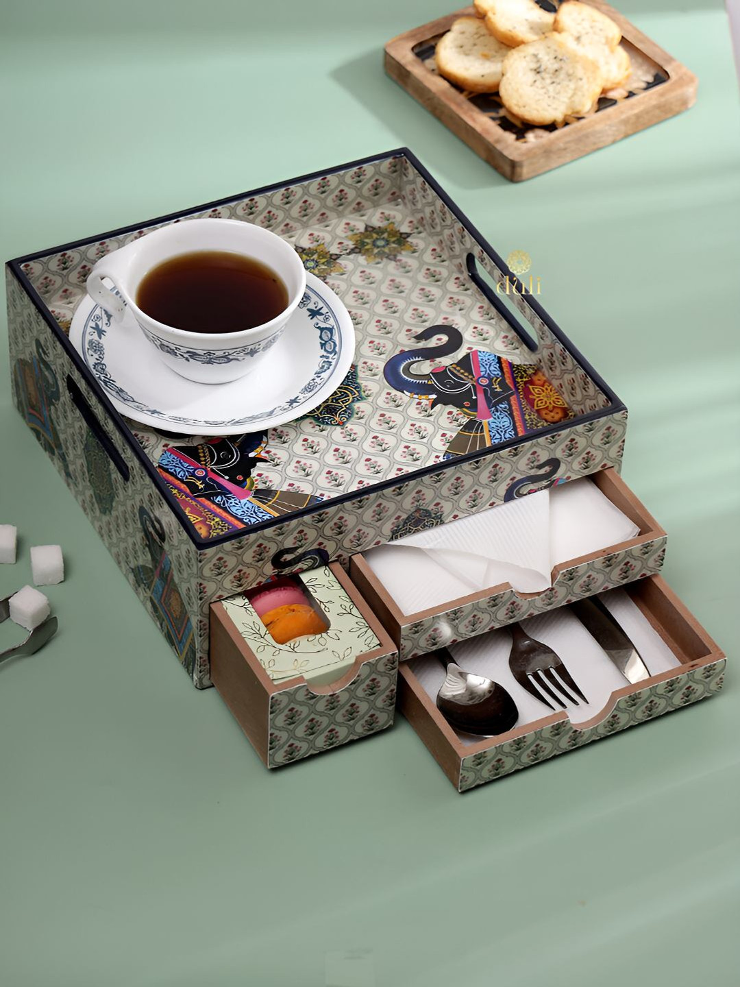 DULI Off White & Brown Printed Wooden Serving Tray Organizer With Drawers