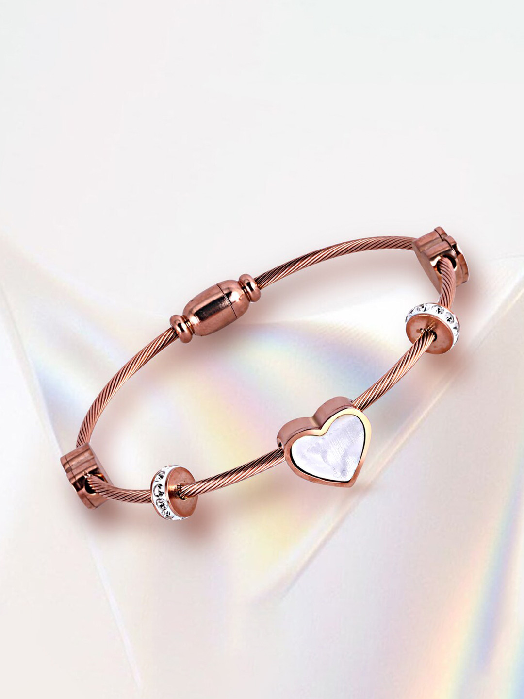 MEENAZ American Diamond Antique Anti Tarnish Love Heart Rose Gold-Plated Kada Bracelet