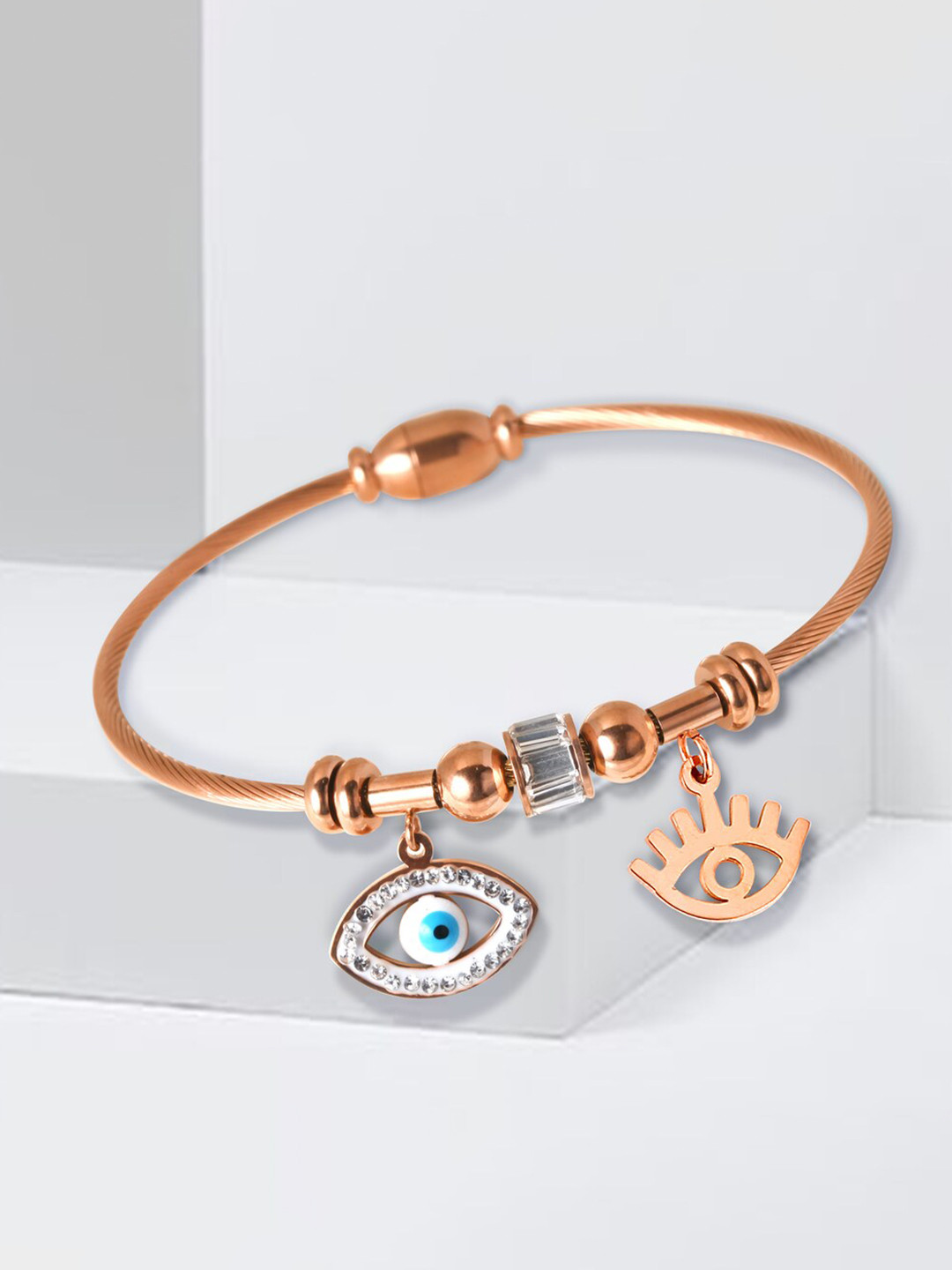 MEENAZ American Diamond Anti Tarnish Evil Eye Rose Gold-Plated Kada Bracelet