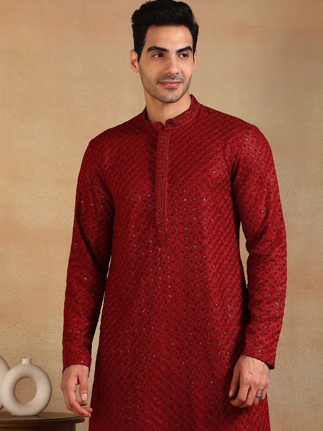 Ethnic Bay Geometric Embroidered Mandarin Collar Straight Sequinned Kurta