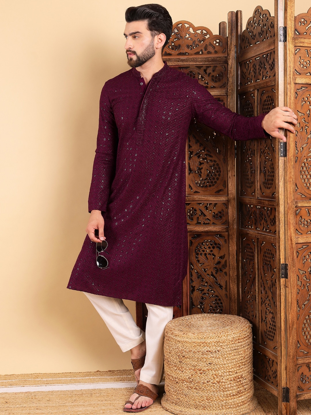 Ethnic Bay Embellished Embroidered Mandarin Collar Sequins Straight Kurta
