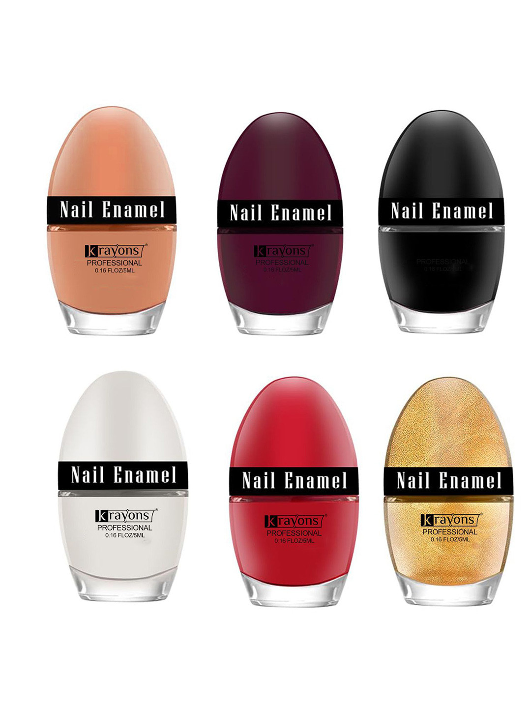 krayons Professional Set Of 6 High Shine Quick Dry Glossy Nail Paints - 5ml Each
