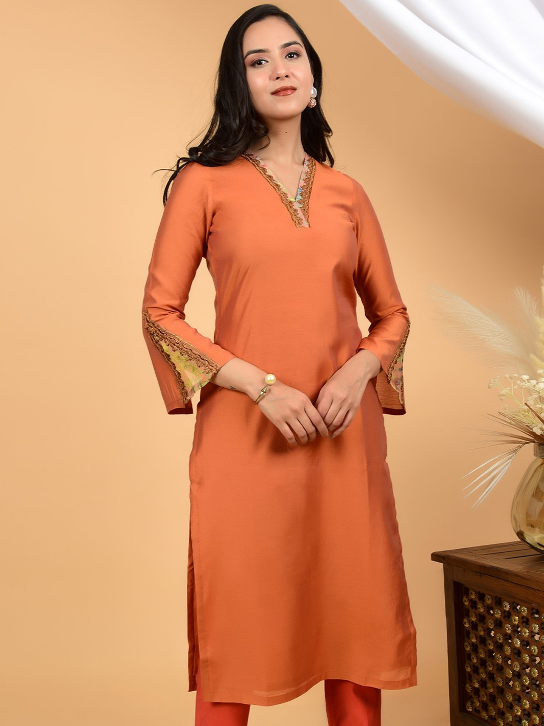 HANDME V Neck Bell Sleeves Chanderi Silk Kurta