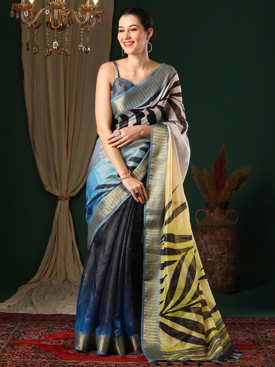 Anouk Navy Blue Floral Printed Woven Design Block Print Zari Organza Saree