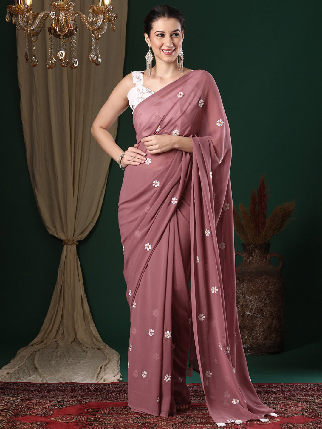 Anouk Rose Gold Paisley Embroidered Pure Georgette Saree
