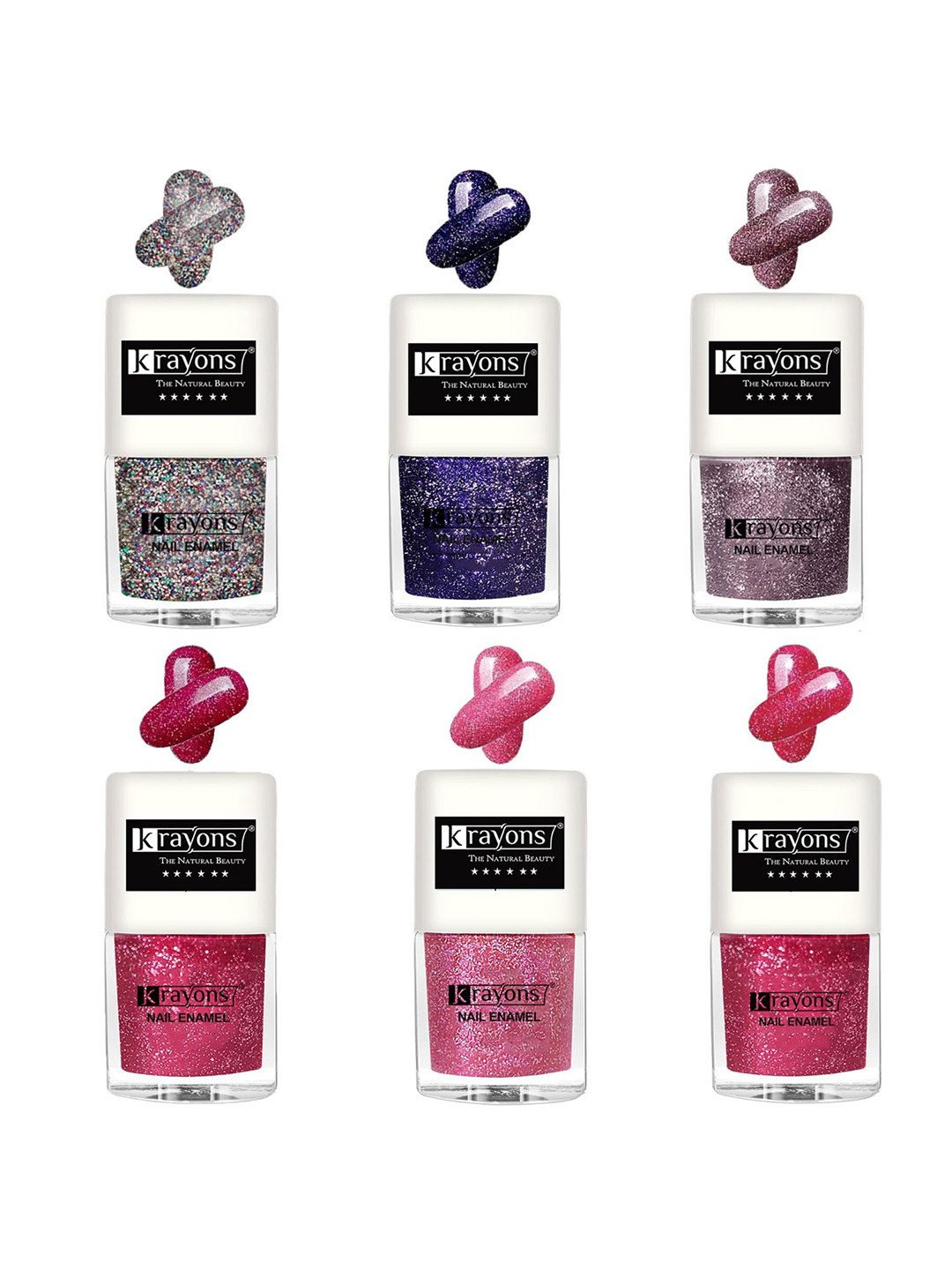 krayons Set Of 6 Glitter Quick-Dry Long-Lasting Nail Paint - 5ml each