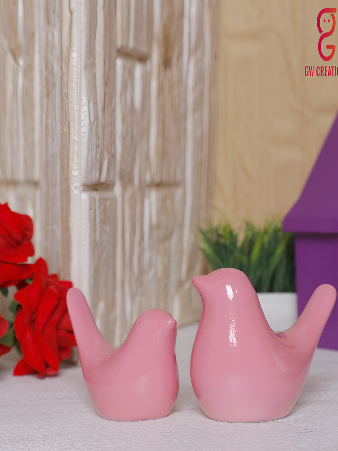 GW CREATIONS Pink Polyresin Glossy Kid Room Set of 2 Small Showpieces - 2.8 Inches