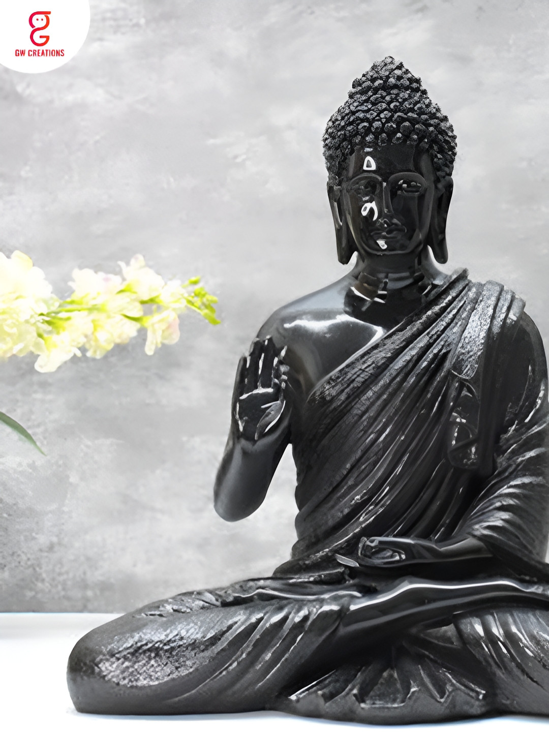 GW CREATIONS Black Marble Buddha Idol Showpiece