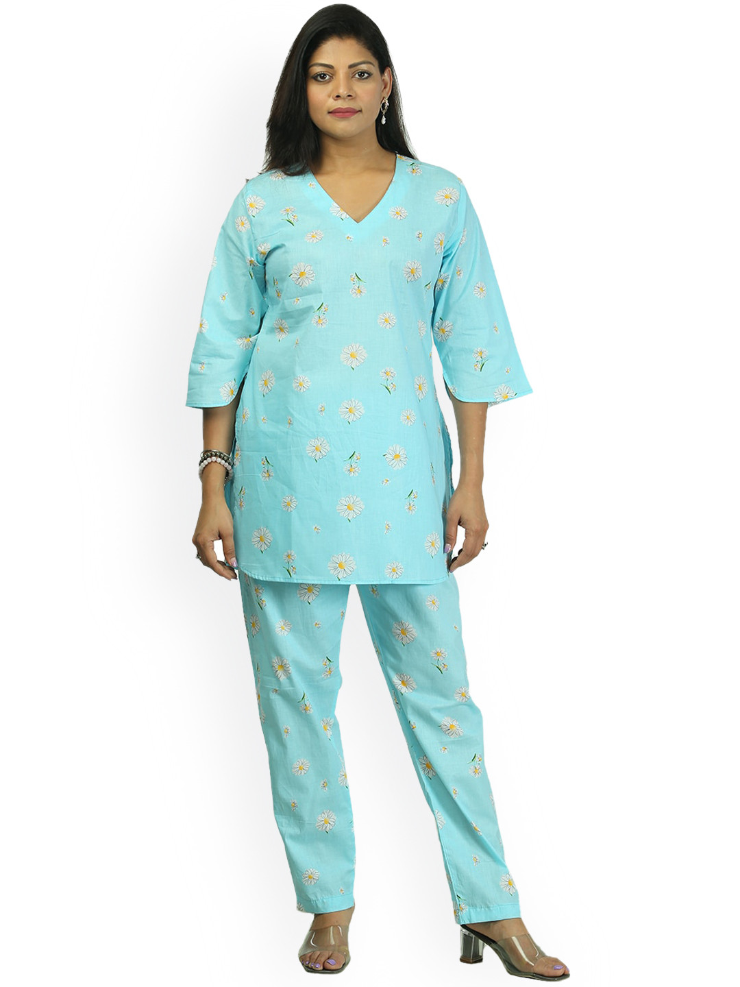 Freesia Array Floral Print V-Neck Pure Cotton Tunic & Trousers