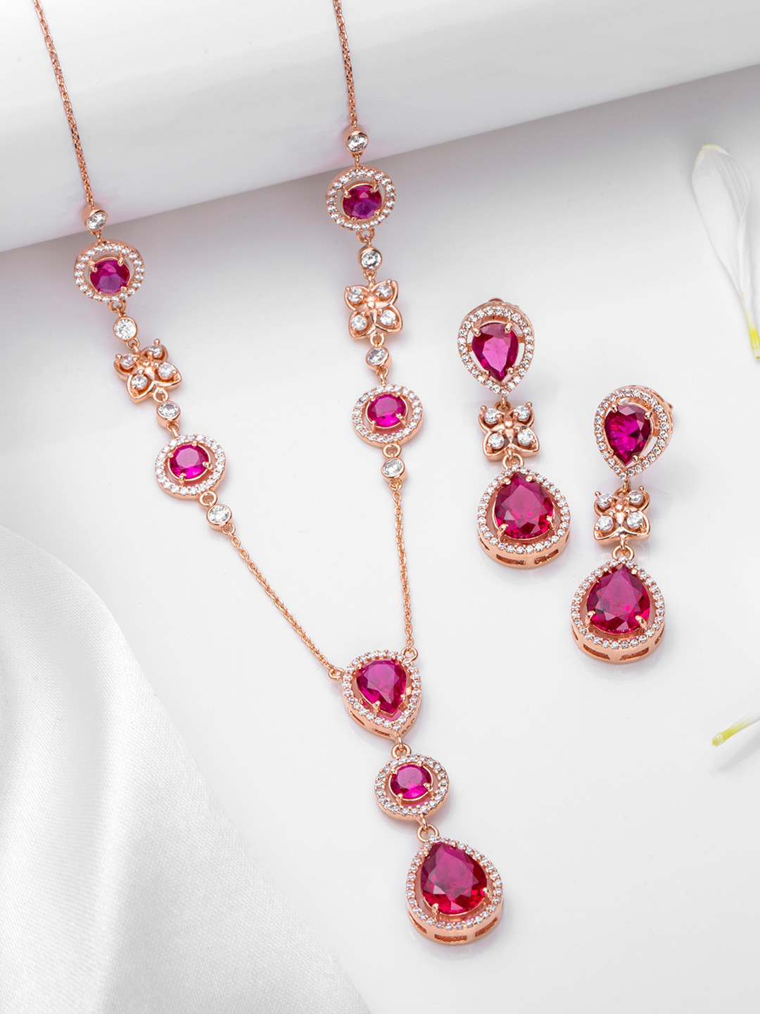 Zavya 925 Pure Silver Rose Gold-Plated Cubic Zirconia-Studded Jewellery Set