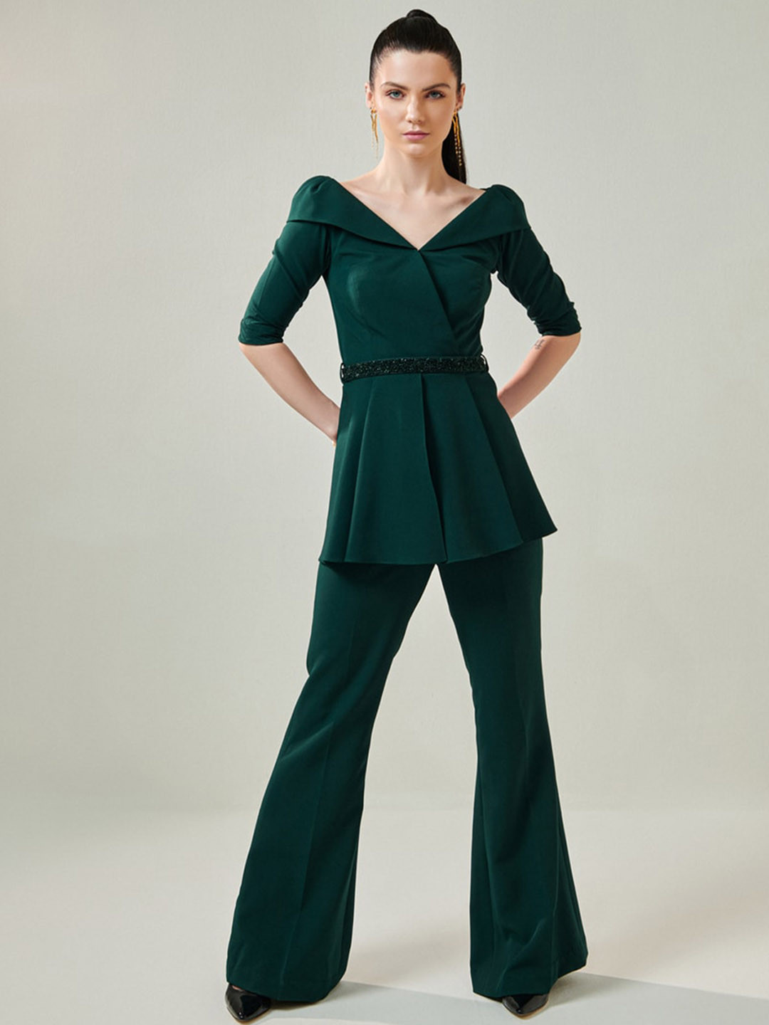 ONE KNOT ONE V-Neck Top & Trouser With Embellished Belt