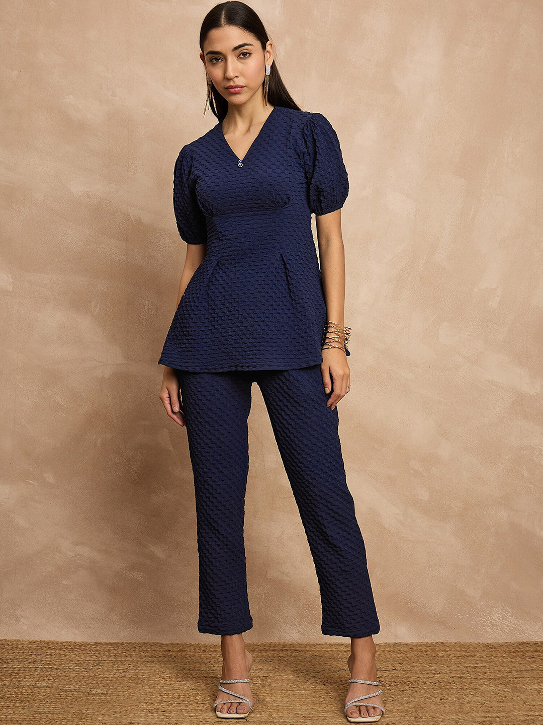 all about you Blue Self Design V- Neck Top & Trousers