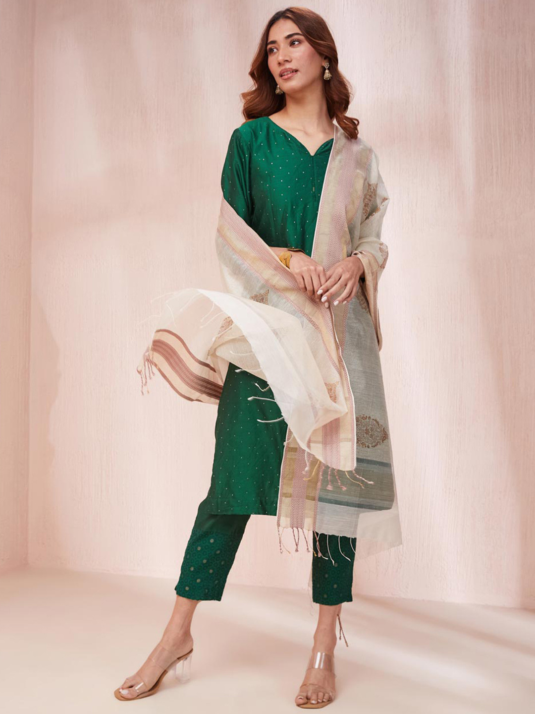 Fabindia Natural Cotton Silk Blend Hand Block Printed Dupatta