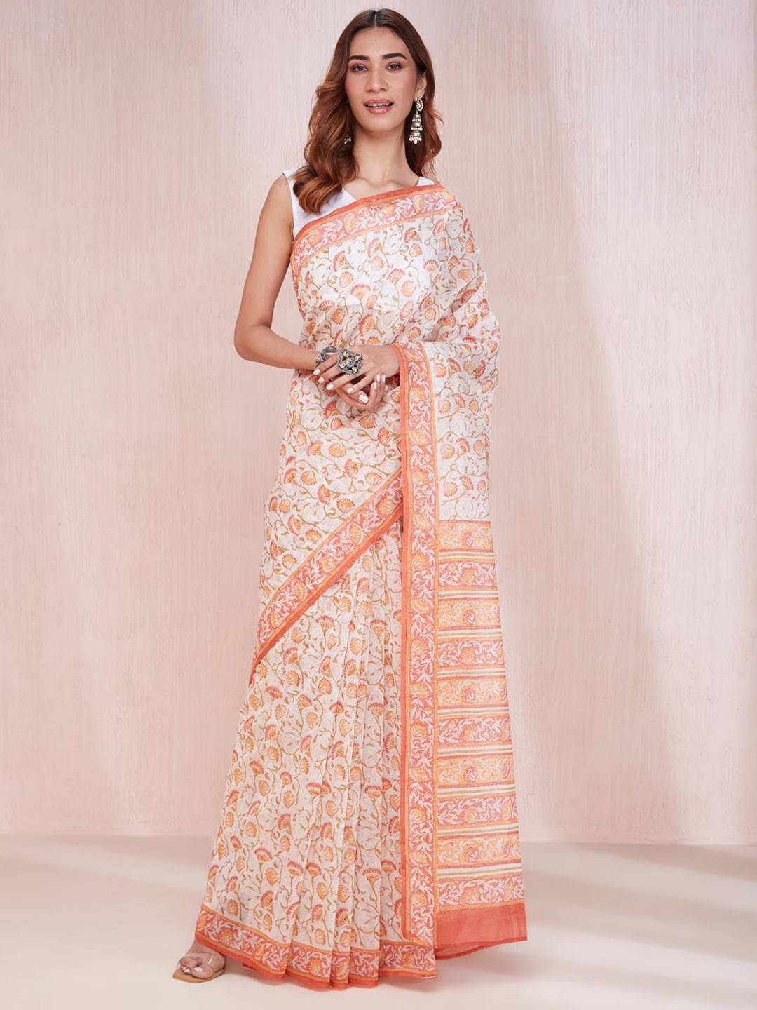 Fabindia Cotton Silk Hand Block Printed Sari