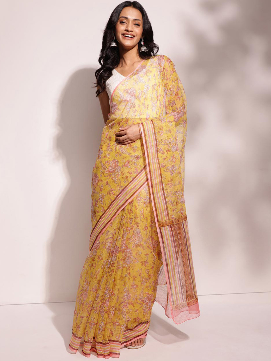 Fabindia Mustard Cotton Silk Hand Block Printed Sari