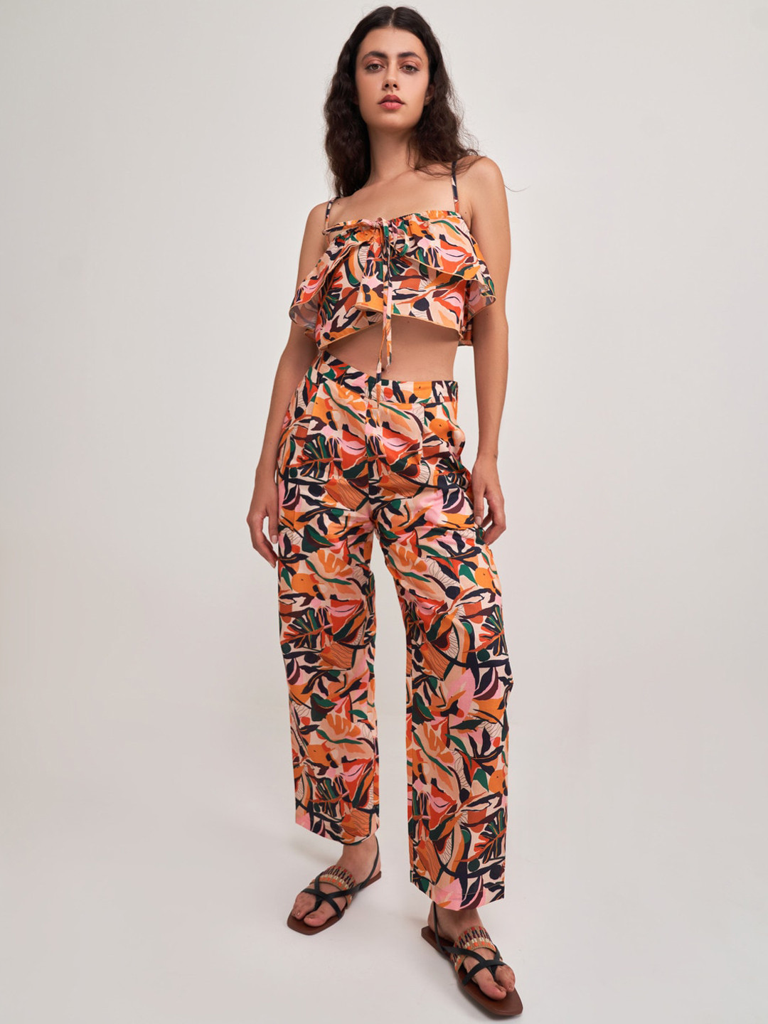 SOTBELLA Printed Shoulder Straps Ruffle Detail Crop Top & Flared Trouser