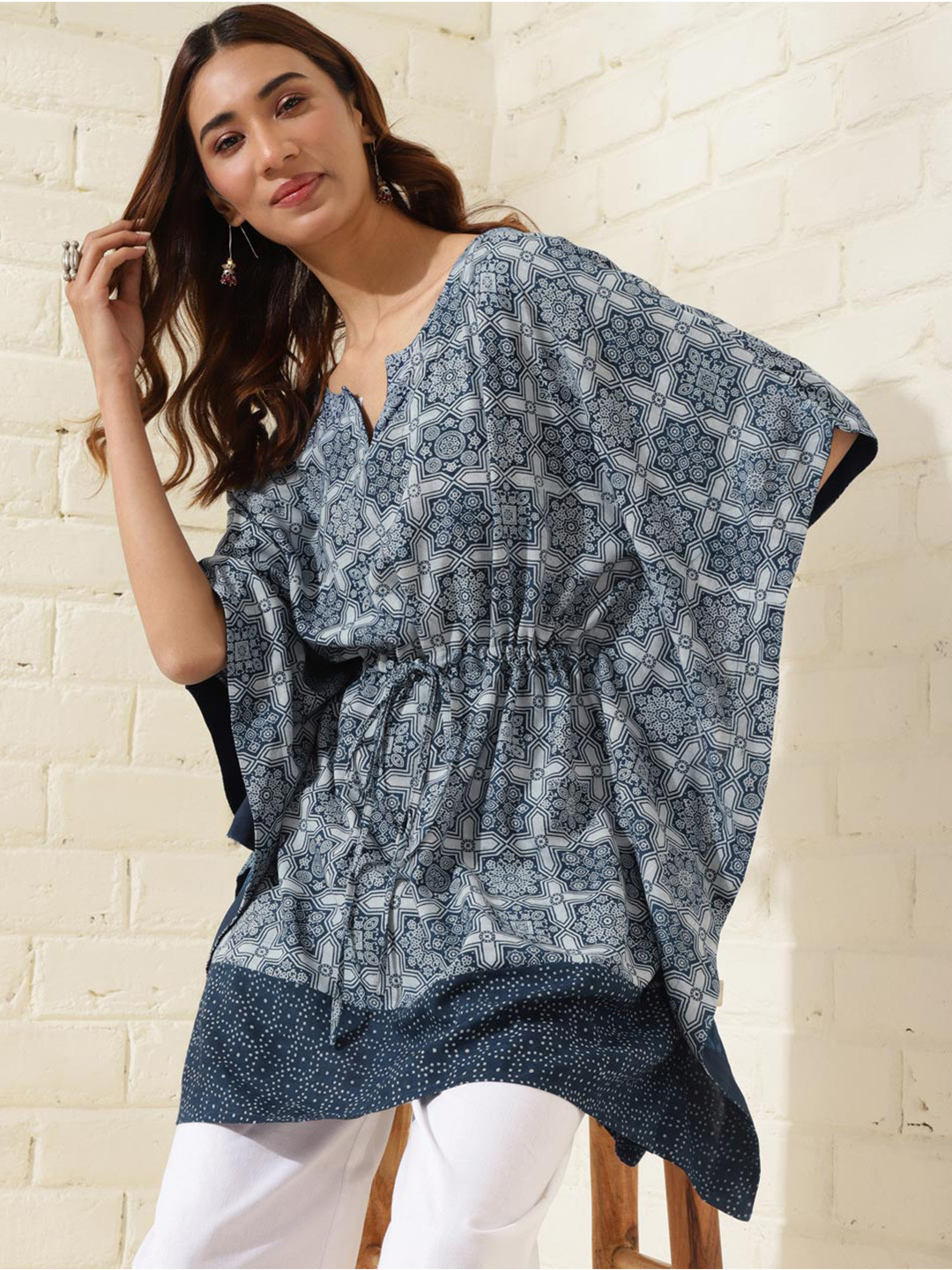 Fabindia Print Flared Sleeve Round Neck Kaftan Top