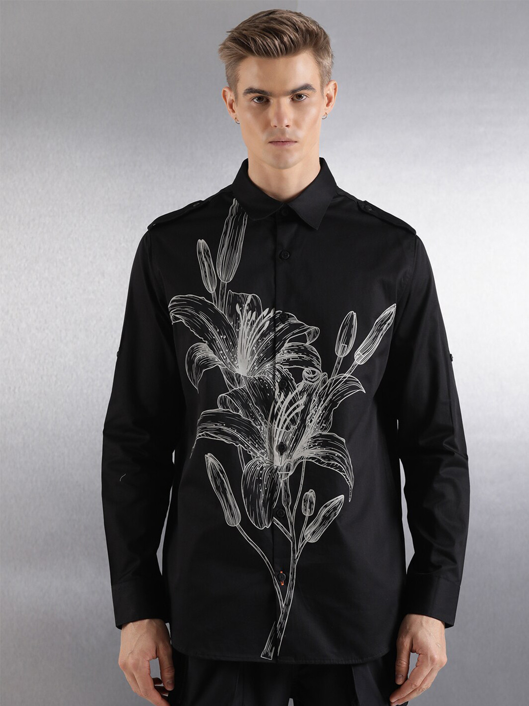 Breakbounce TAIKA Black Floral Printed Spread Collar Boxy Fit Casual Shirt