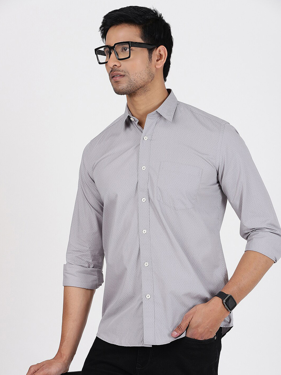 JADE BLUE Slim Fit Micro Checks Chest Pocket Cotton Shirt