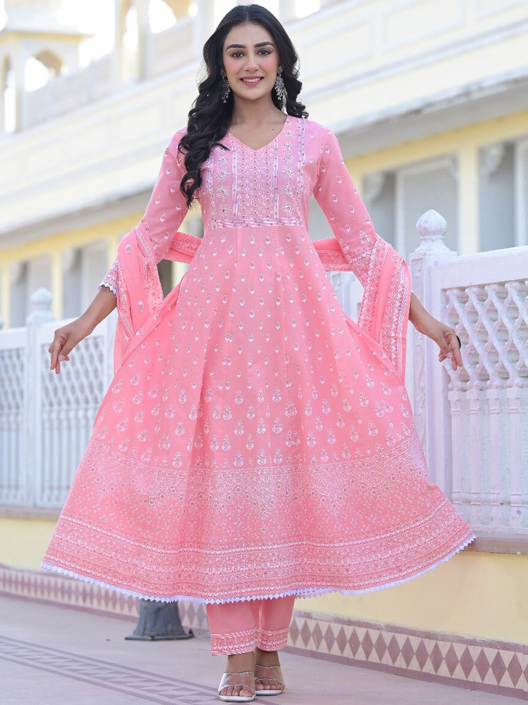 Varanga Pink Printed Mirror Work Pure Cotton Anarkali Kurta With Trousers & Dupatta