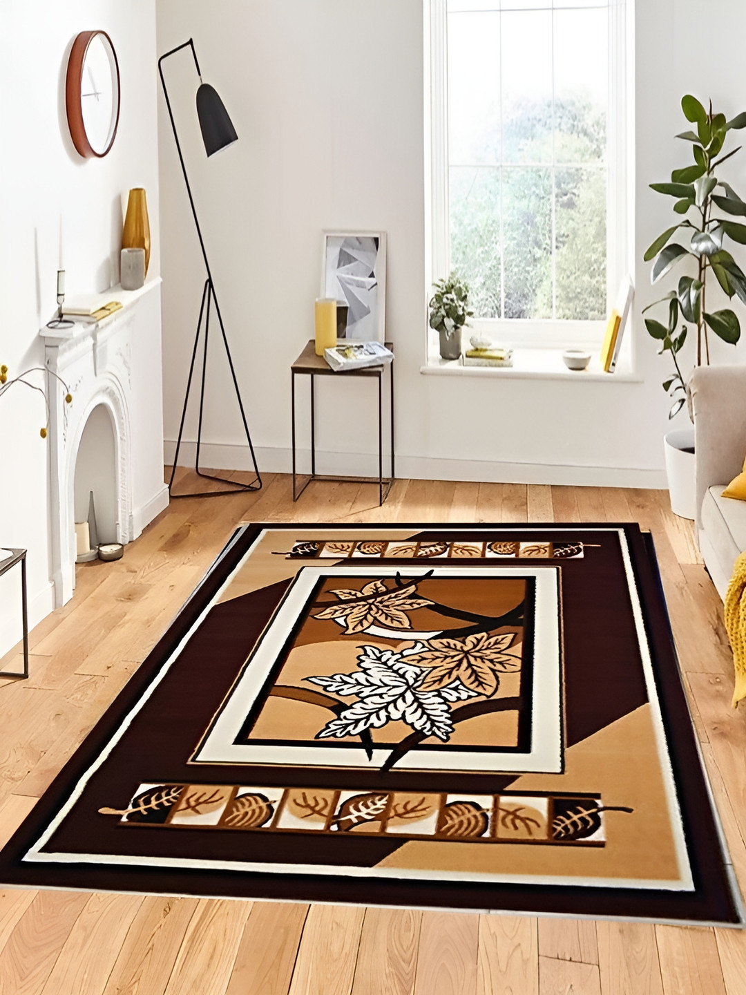 SANA CARPET Brown & Black Floral Printed Anti-Skid Silk Carpet