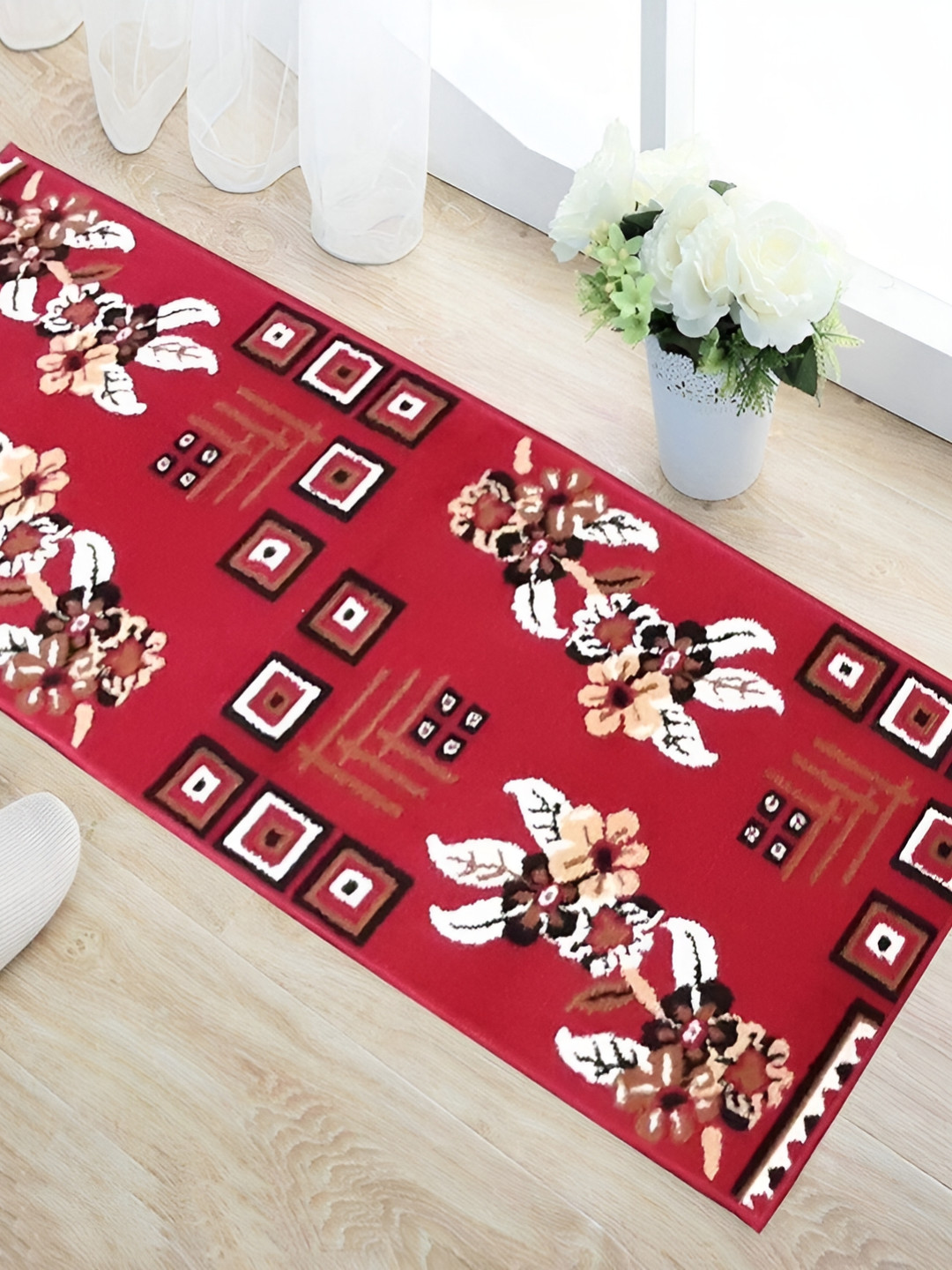 SANA CARPET Red Floral Anti-Skid Carpet