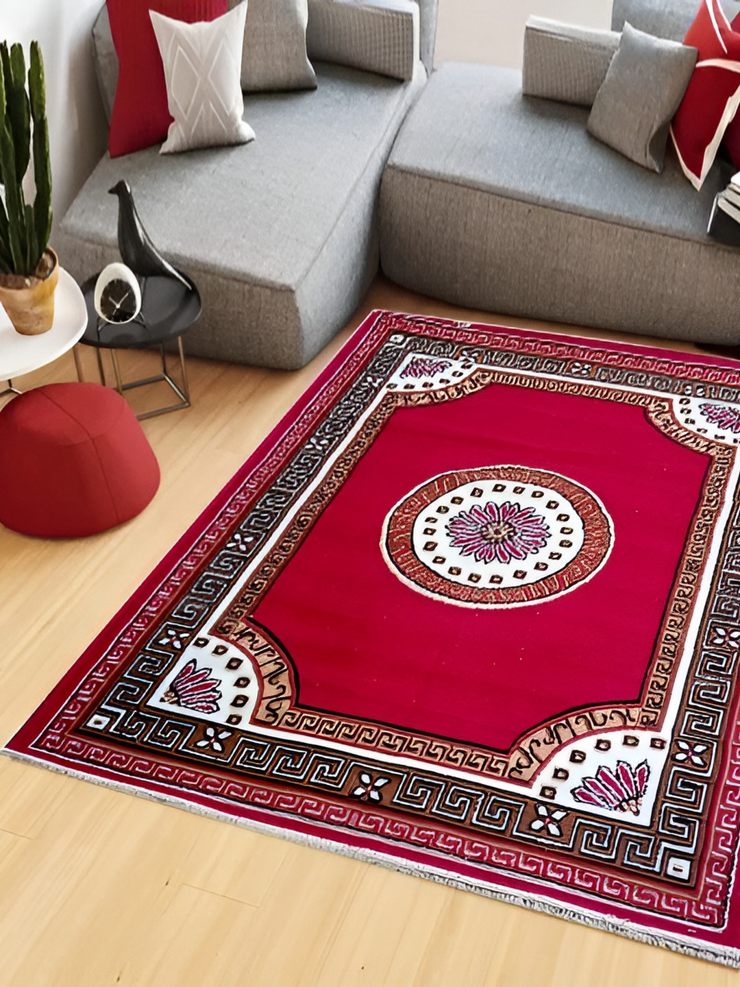 SANA CARPET Red & White Geometic Printed Anti-Skid Carpet
