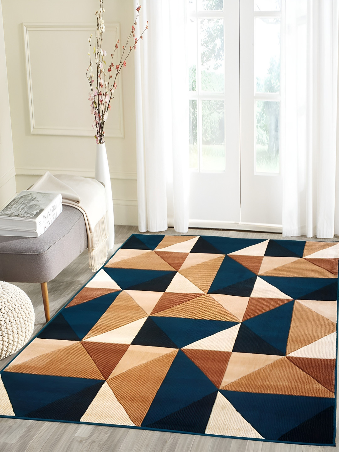 SANA CARPET White & Brown Geometric Anti-Skid Carpet