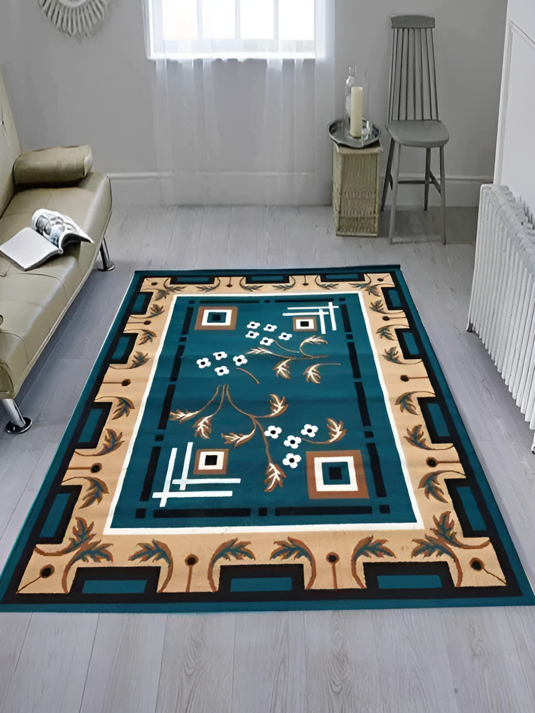 SANA CARPET Green & Beige Floral Printed Anti-Skid Carpet