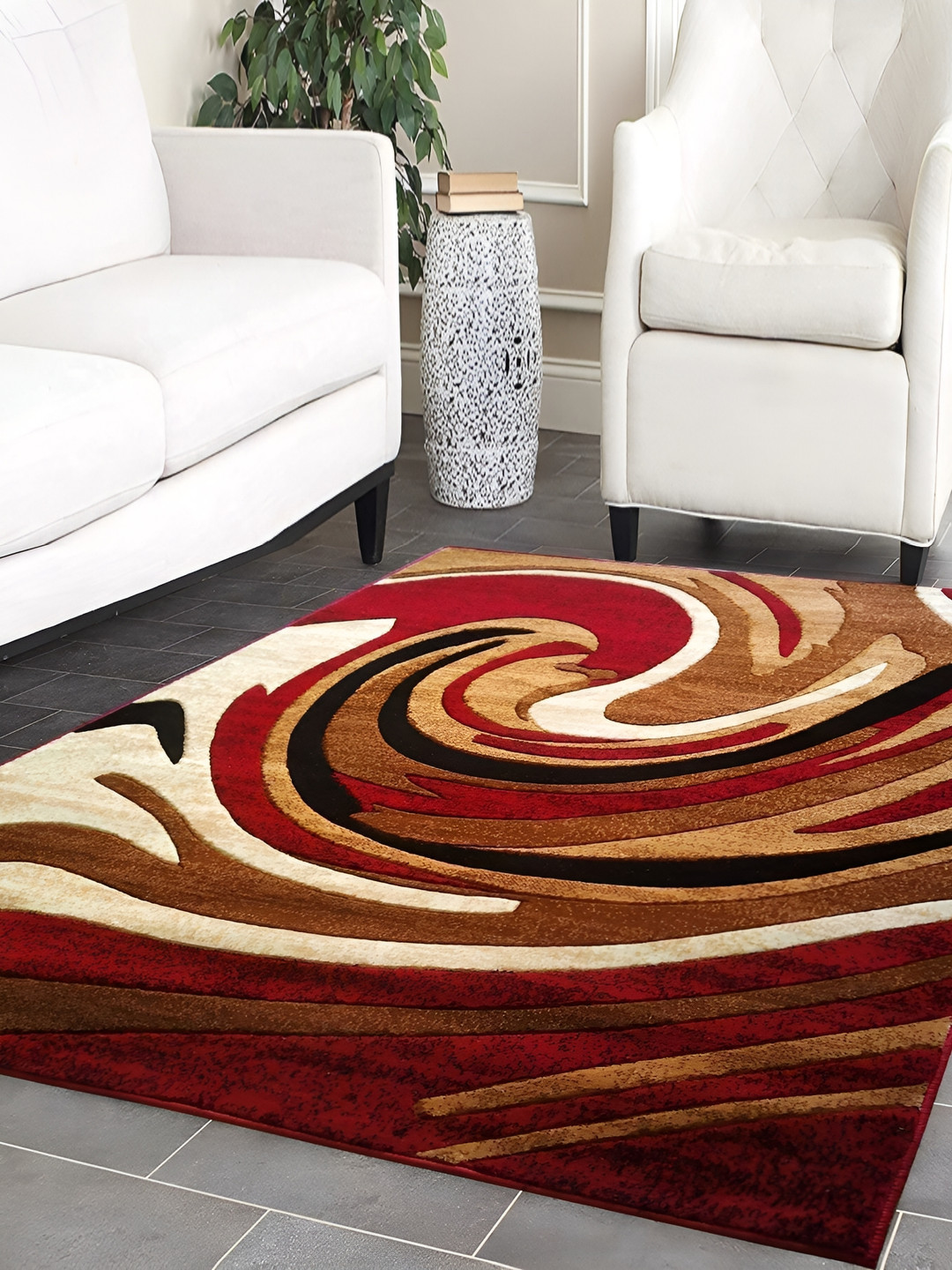 SANA CARPET Red & Beige Abstract Printed Anti-Skid Carpet