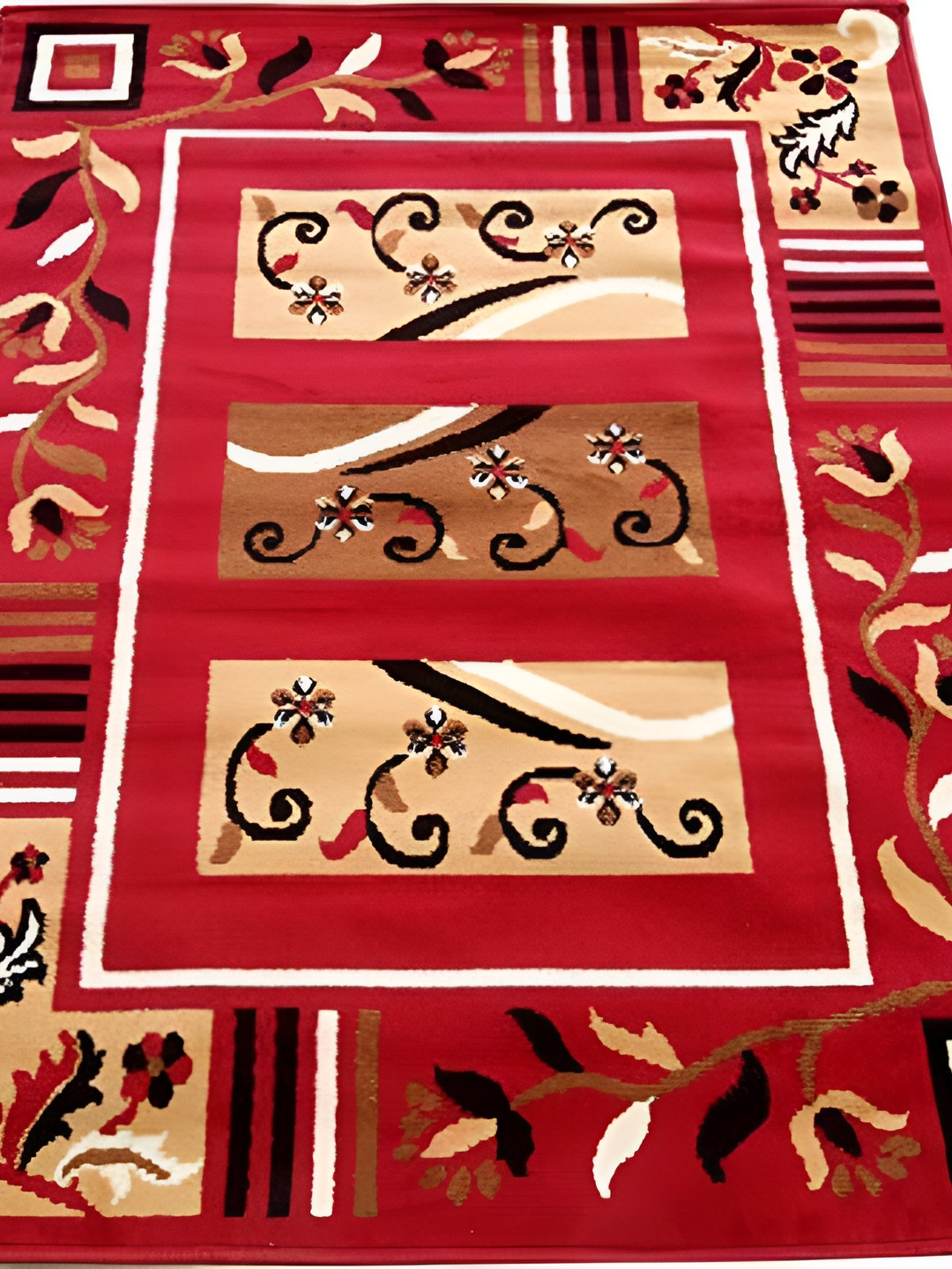 SANA CARPET Red & Cream Floral Printed Anti-Skid Silk Carpet