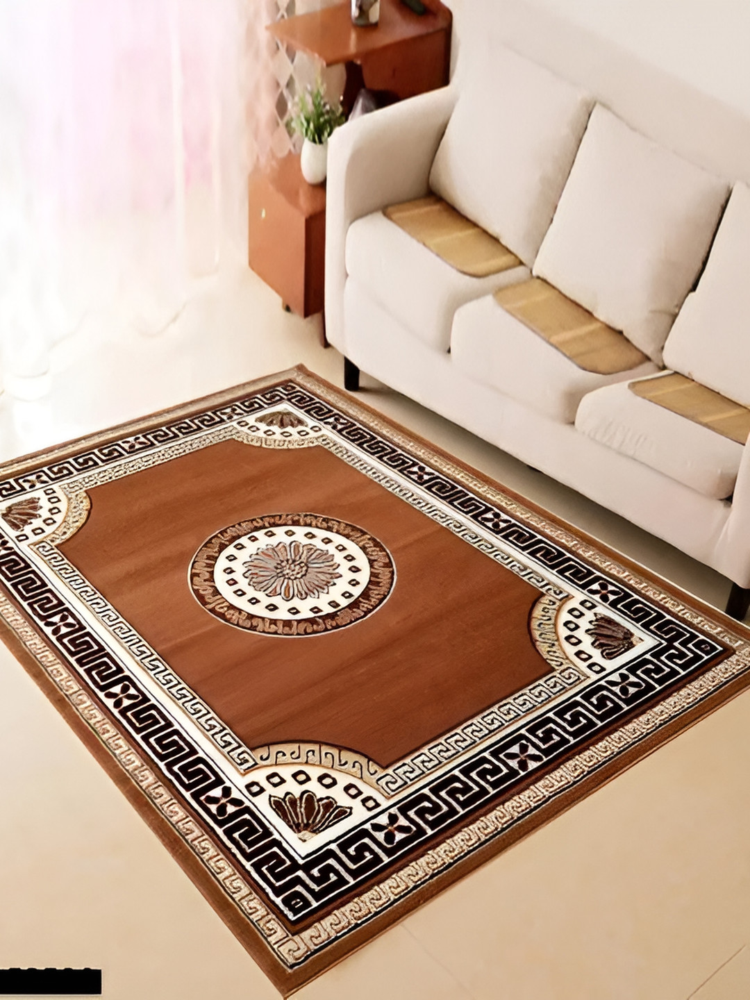 SANA CARPET Brown & White Geometic Printed Anti-Skid Carpet