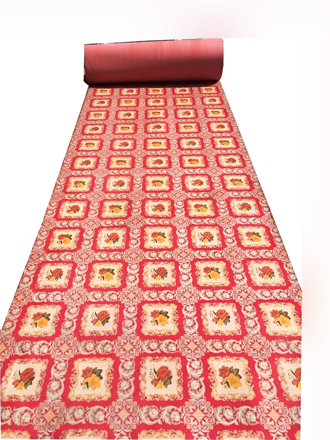 SANA CARPET Red & Cream Geometric Printed Anti-Skid Silk Carpet