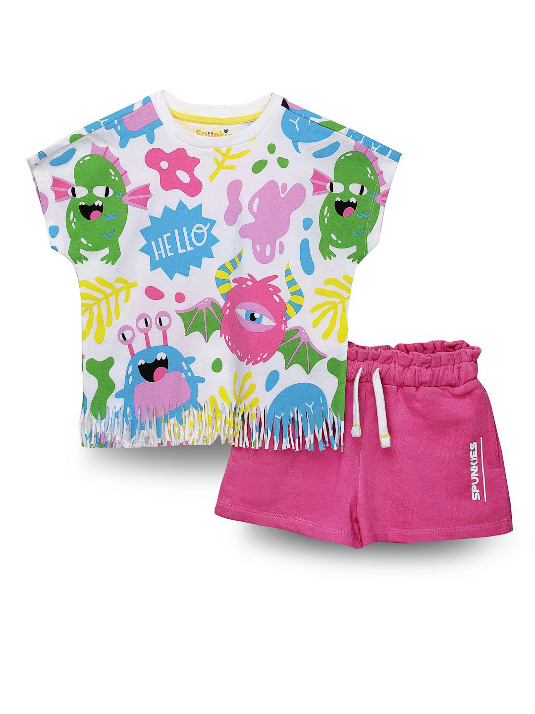 SPUNKIES Girls Monsters Inc. Printed Pure Cotton T-shirt with Shorts