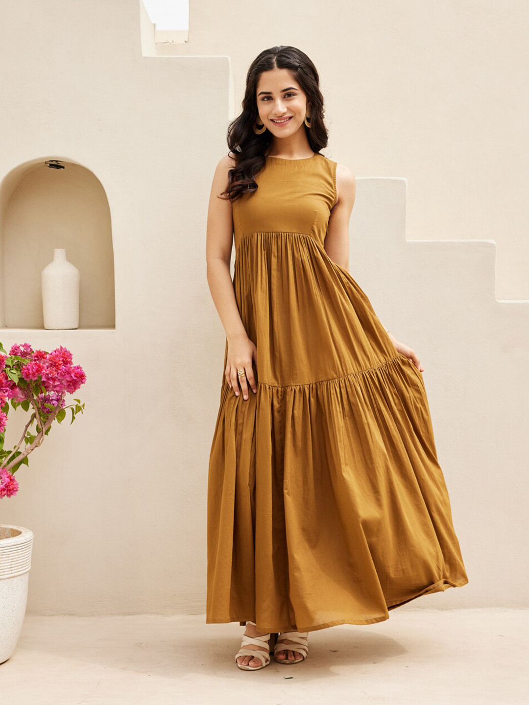 Ambraee Brown Sleeveless Tiered Cotton Maxi Dress