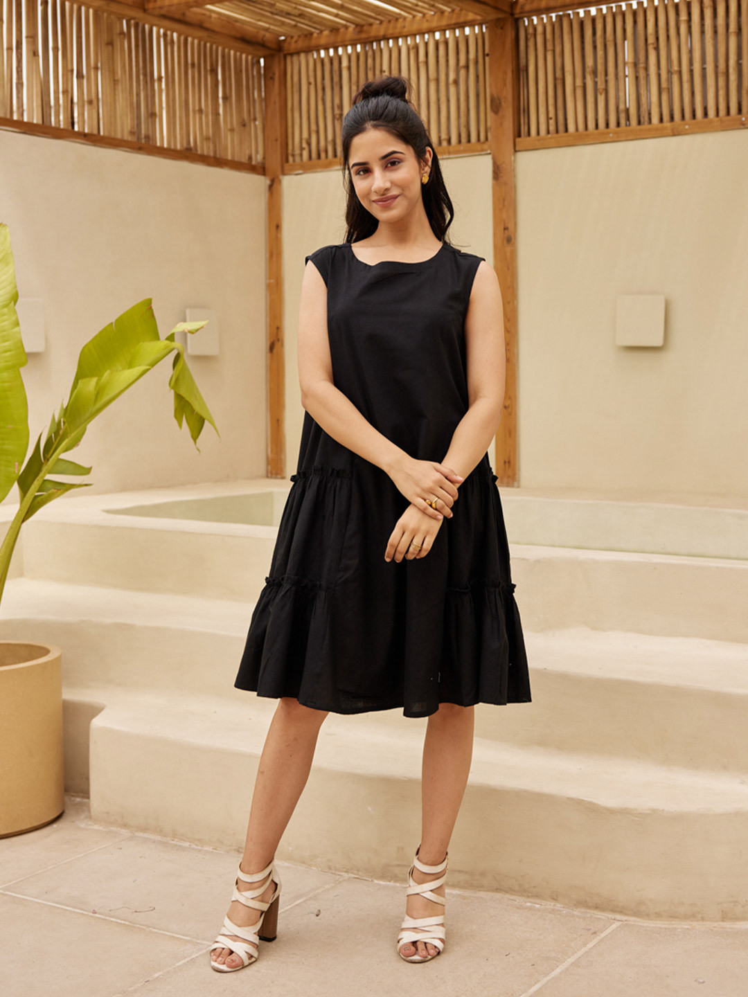 Ambraee Black Bishop Sleeves Mandarin Collar Tiered Cotton A-Line Dress
