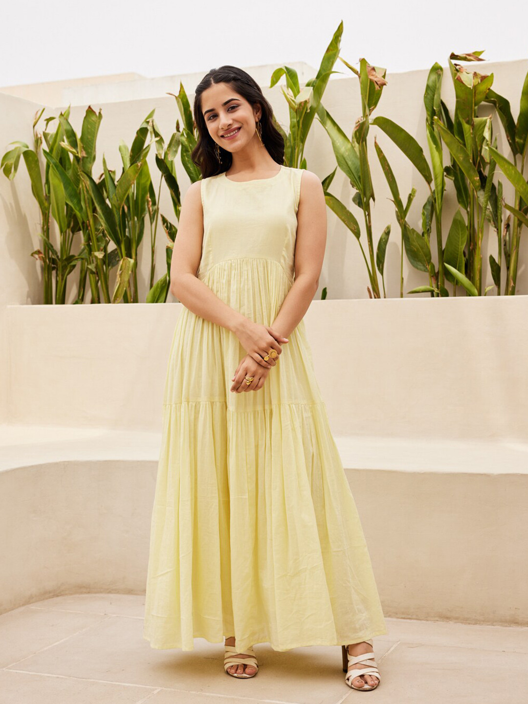 Ambraee Yellow Sleeveless Tiered Gathered Maxi Dress