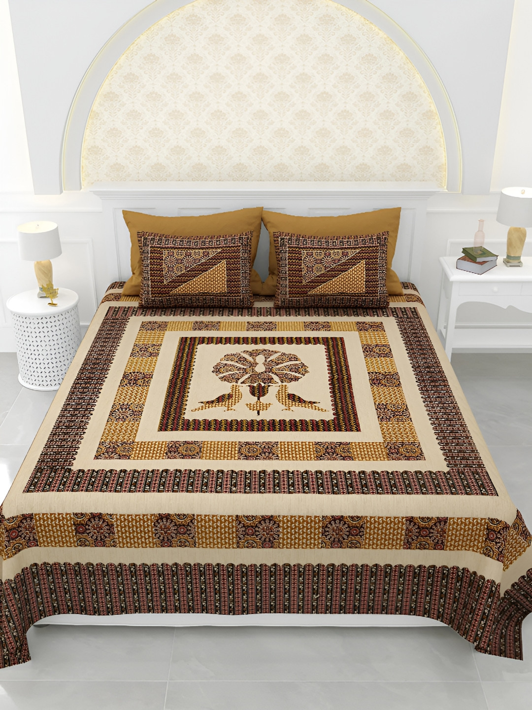 LIVING ROOTS Kashish Green Ethnic Motifs Pure Cotton Breathable 150 TC Super King Fine Bedsheet with 2 Pillow Covers-216 x 262 cm