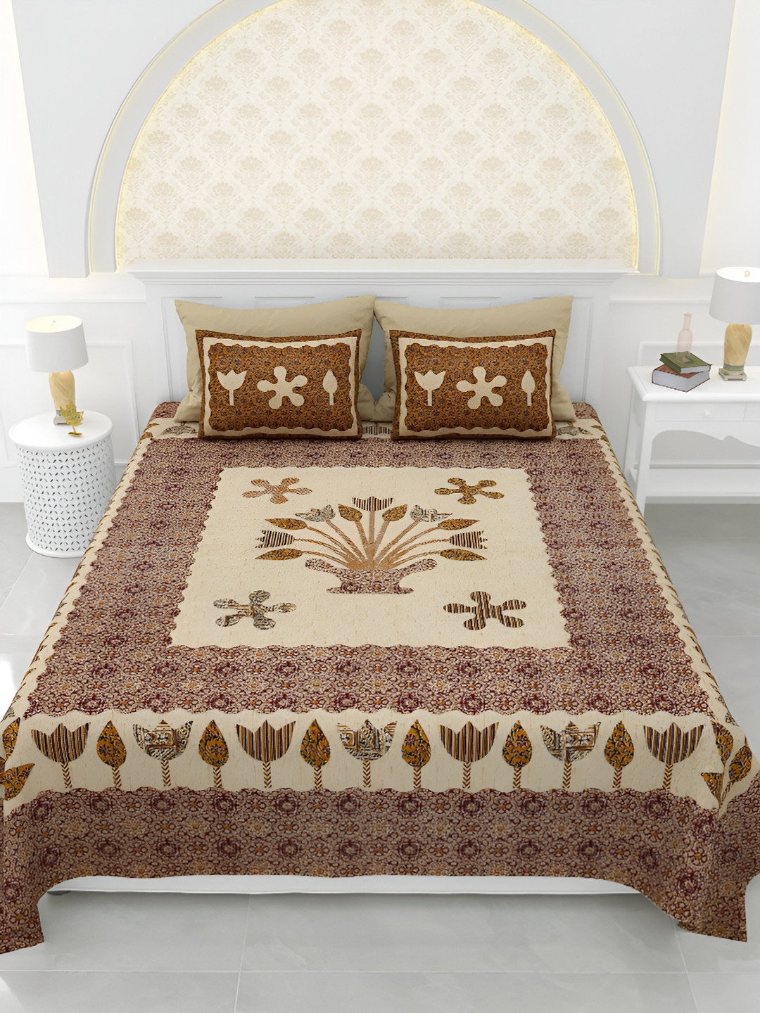 LIVING ROOTS Fitted_Kidzania_Dbs Green Ethnic Motifs Pure Cotton Breathable 150 TC Super King Bedsheet with 2 Pillow Covers-262 x 262 cm