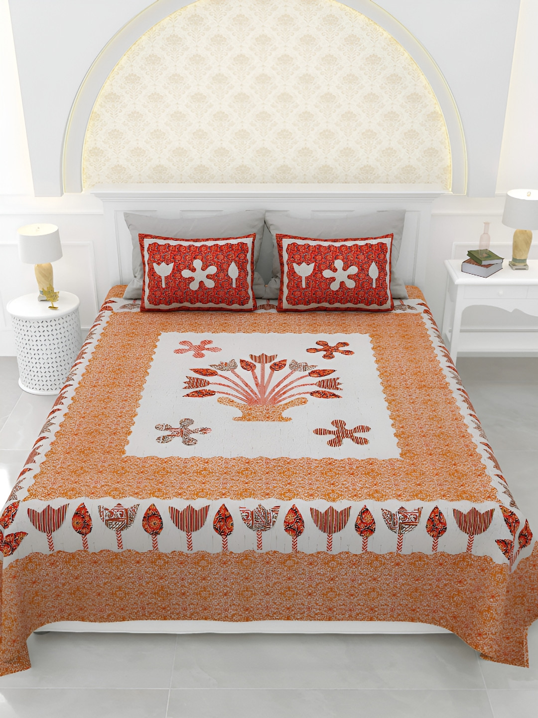 LIVING ROOTS Kashish Orange Floral Cotton 150 TC King Bedsheet with 2 Pillow Covers-264.16 x 264.16 cm