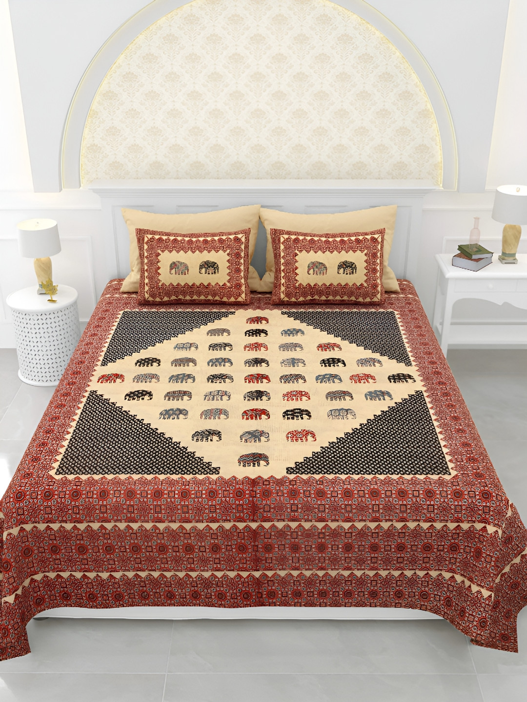 LIVING ROOTS Kashish Maroon Ethnic Motifs Pure Cotton Breathable 150 TC Super King Bedsheet with 2 Pillow Covers-87 x 93 inches