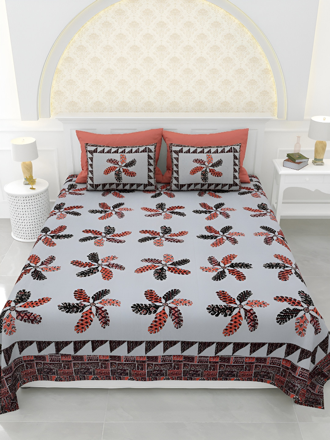 LIVING ROOTS Kashish Grey Floral Pure Cotton Breathable 150 TC King Bedsheet with 2 Pillow Covers-243 x 262 cm