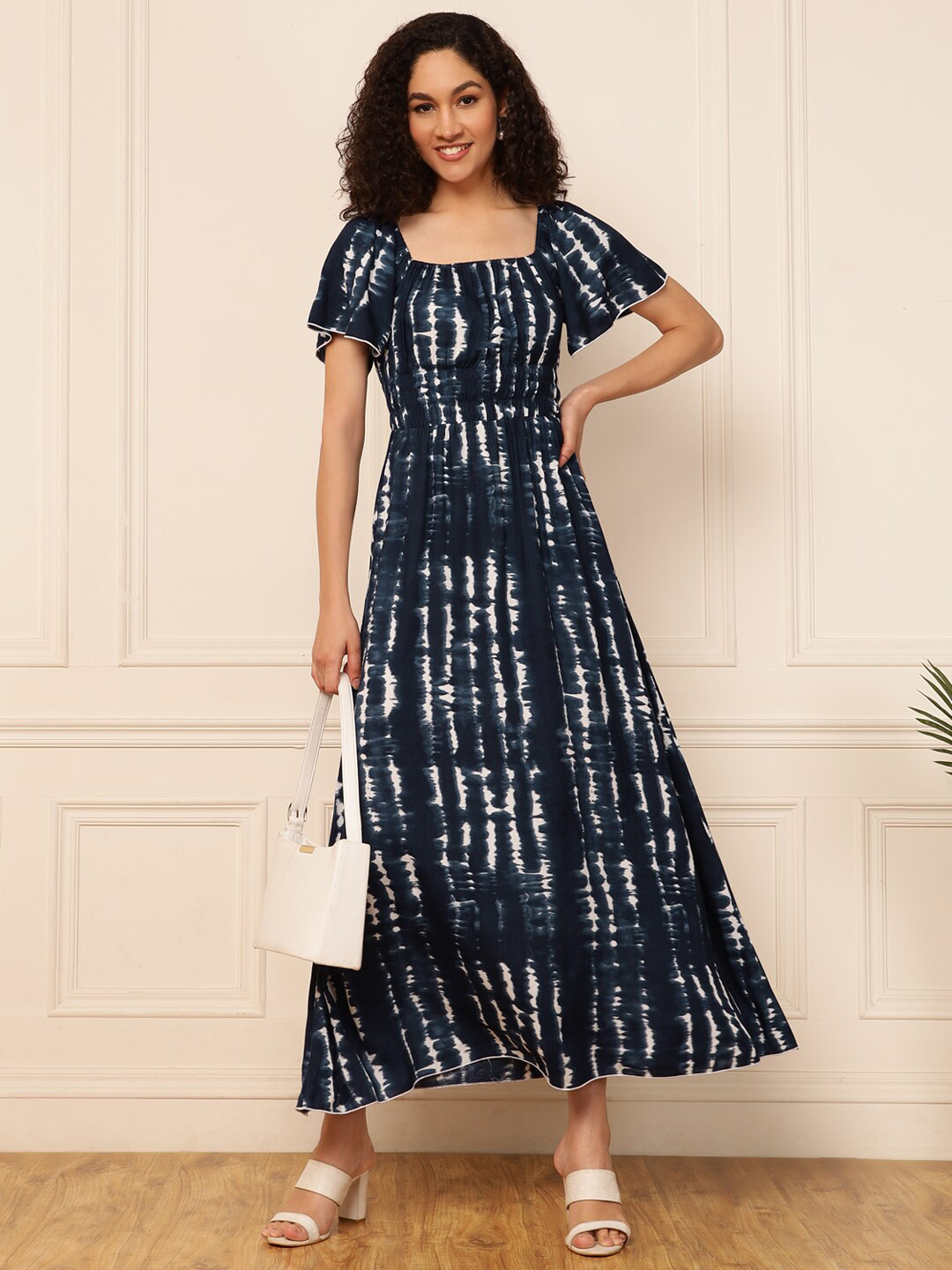DEEBACO Abstract Printed Square Neck Flutter Sleeves A-Line Maxi Dress